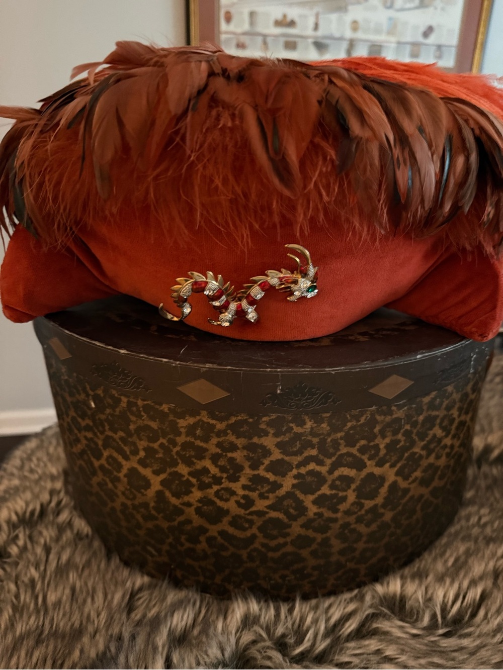 Renaissance Feathered 3 point hat with Decorative Dragon Pin